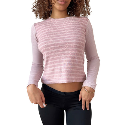 Vintage Italian Pink Textured Graphic Long Sleeve Top Stripe (S)