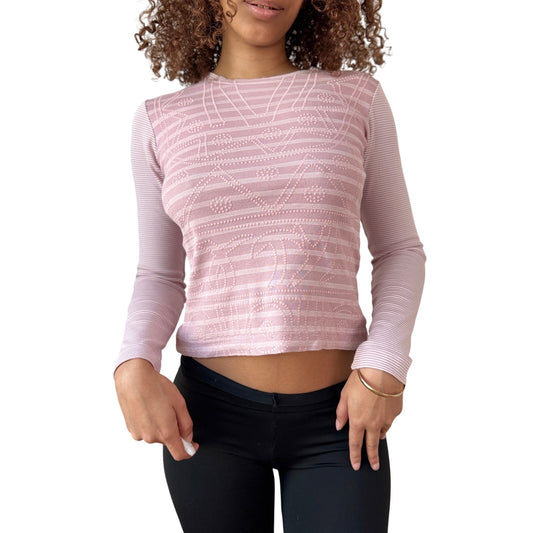Vintage Italian Pink Textured Graphic Long Sleeve Top Stripe (S)