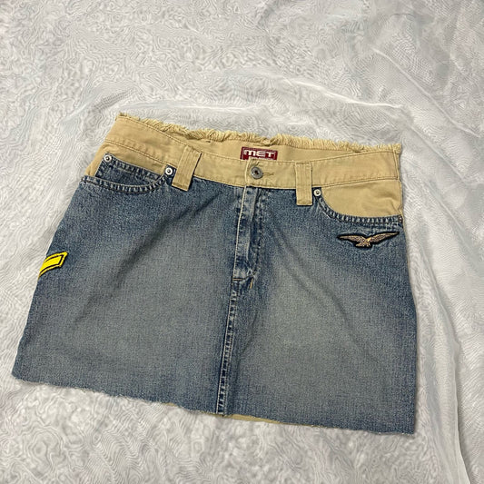 Vintage 2000s Patches Denim Mini Skirt (S-M) Skater Military Made in Italy
