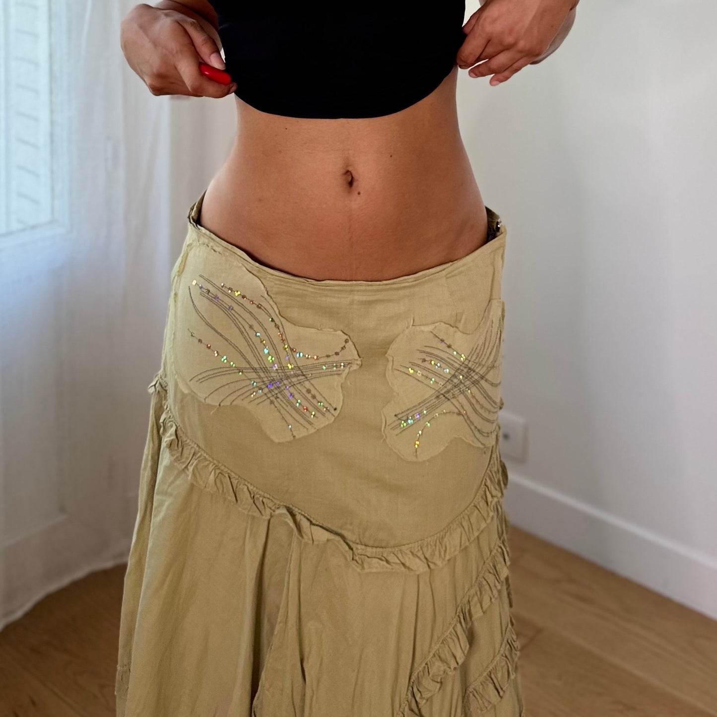 Vintage Sage Green Sequins Floral Asymmetrical Midi Skirt Y2K (S/M)