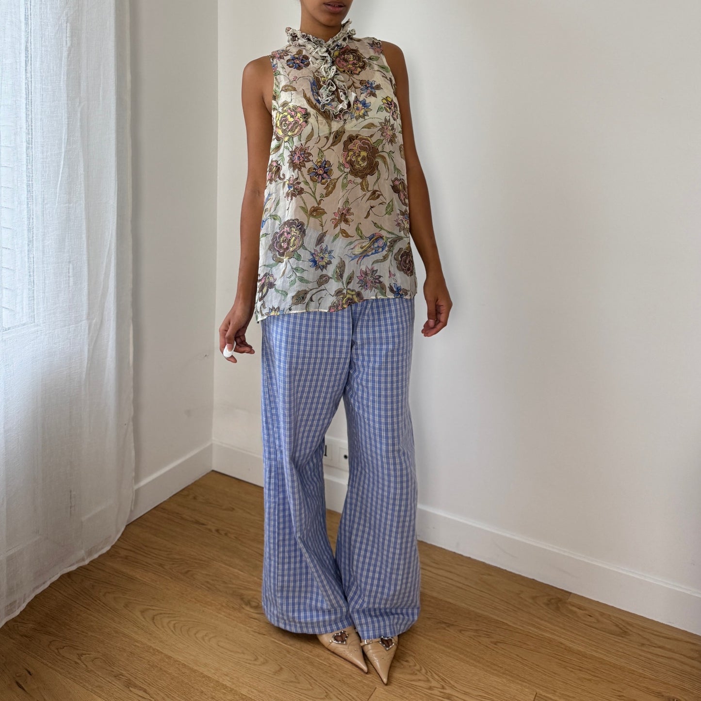 Vintage Italian Sheer Mesh Ruffle-Neck Floral Tunic Top (M/L)