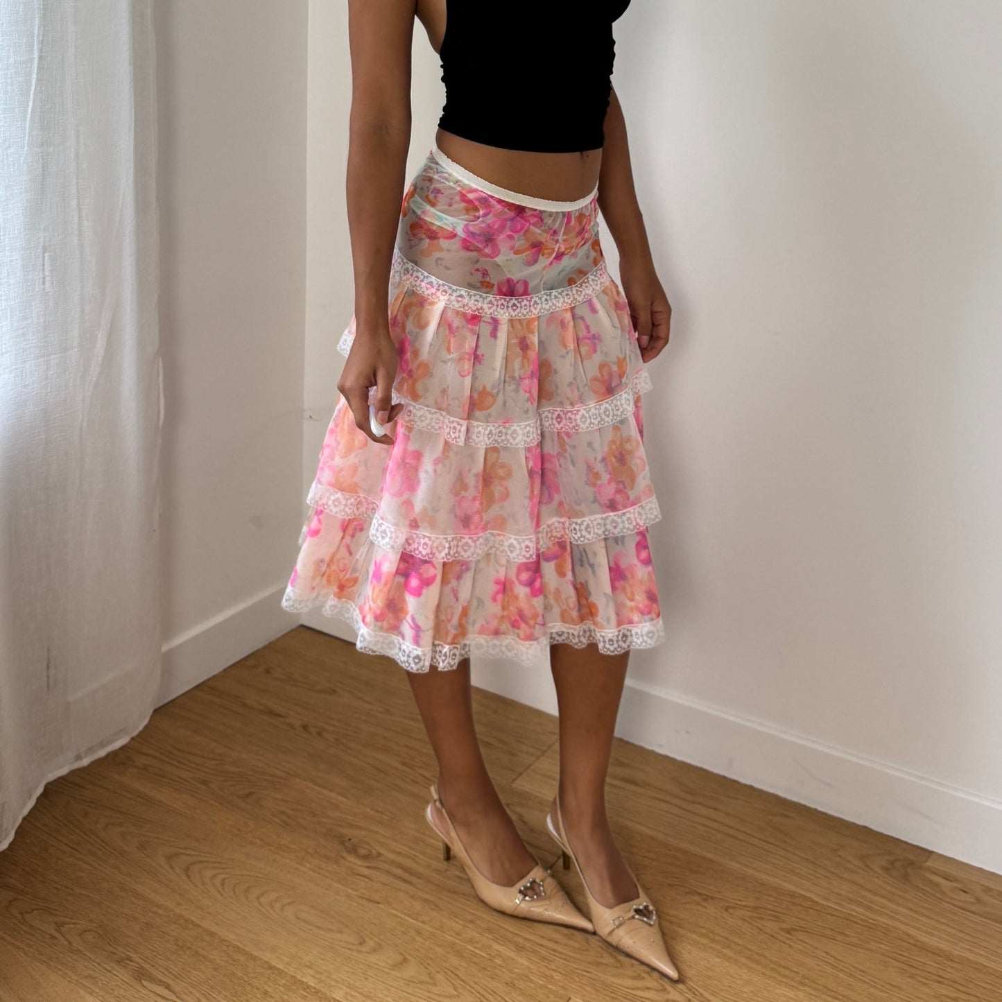Vintage Euro floral mesh tiered lace-trim semi-sheer midi skirt (XS/S)