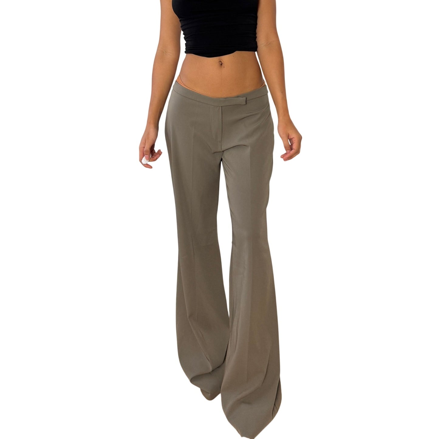 Vintage Italian khaki low rise wide leg trousers deadstock with tag and extended length (S/M)