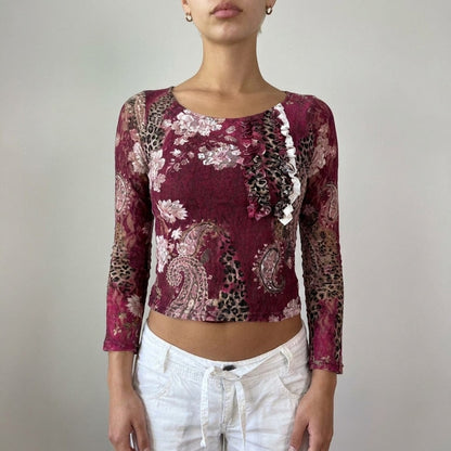 Vintage French Burgundy Cheetah Floral Lace Mesh Top Y2K (S)