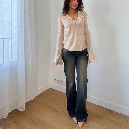 Vintage Italian Beige Sheer Mesh Ruffle Long Sleeve Top (Medium)