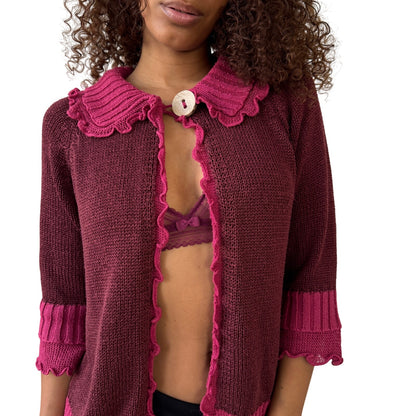 Vintage Jacqueline Riu French ruffled trim knit cardigan in berry & rose (Small)