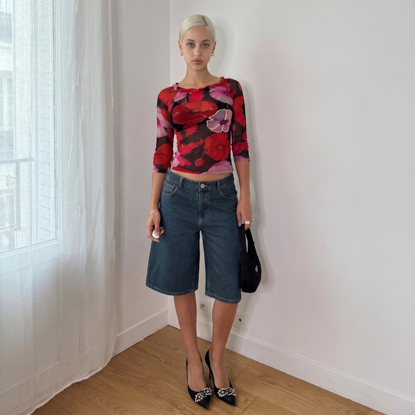 Vintage Black & Red Floral Mesh Top Sequin Appliqué Italian Y2K (S)