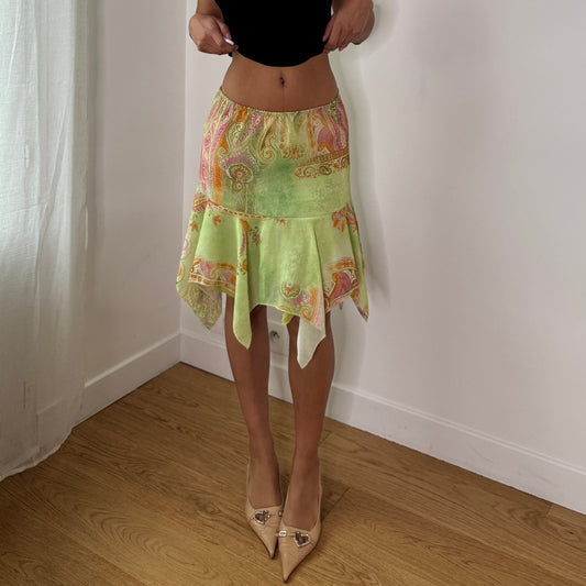 Vintage Lime Green Paisley Mesh Handkerchief Mini Skirt Y2K Skirt (S) ⠀