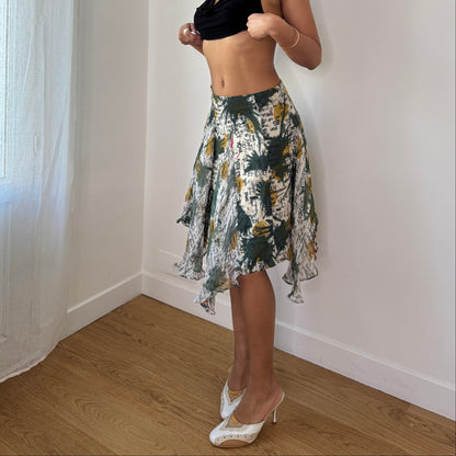 Vintage Abstract Script Silk Blend Handkerchief Midi Skirt Mesh Overlay (S) ⠀