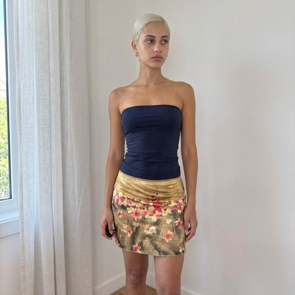 Vintage Beige & Orange Tropical Print Slinky Mini Skirt Italian Y2K (M)