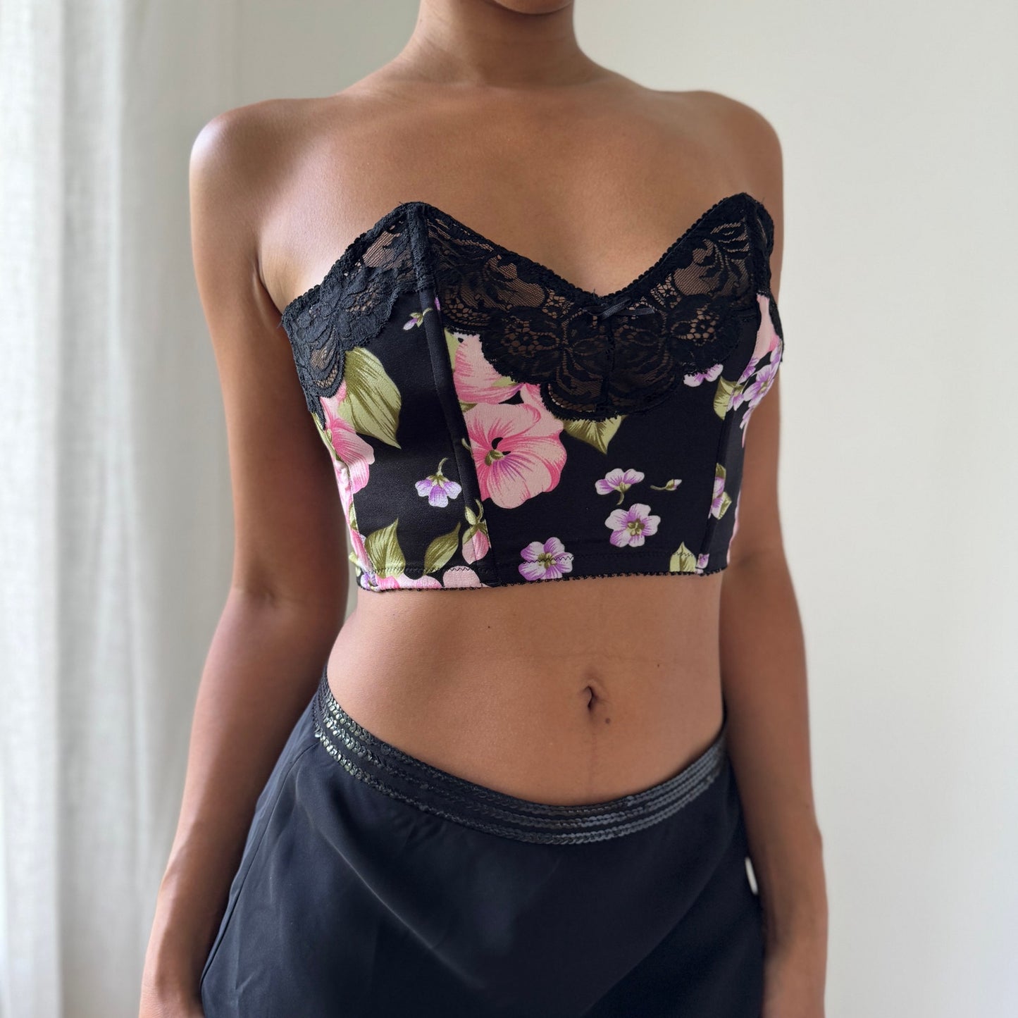 Vintage 90s Italian Black Floral Bustier Crop Top with Lace Trim (S, C cup)