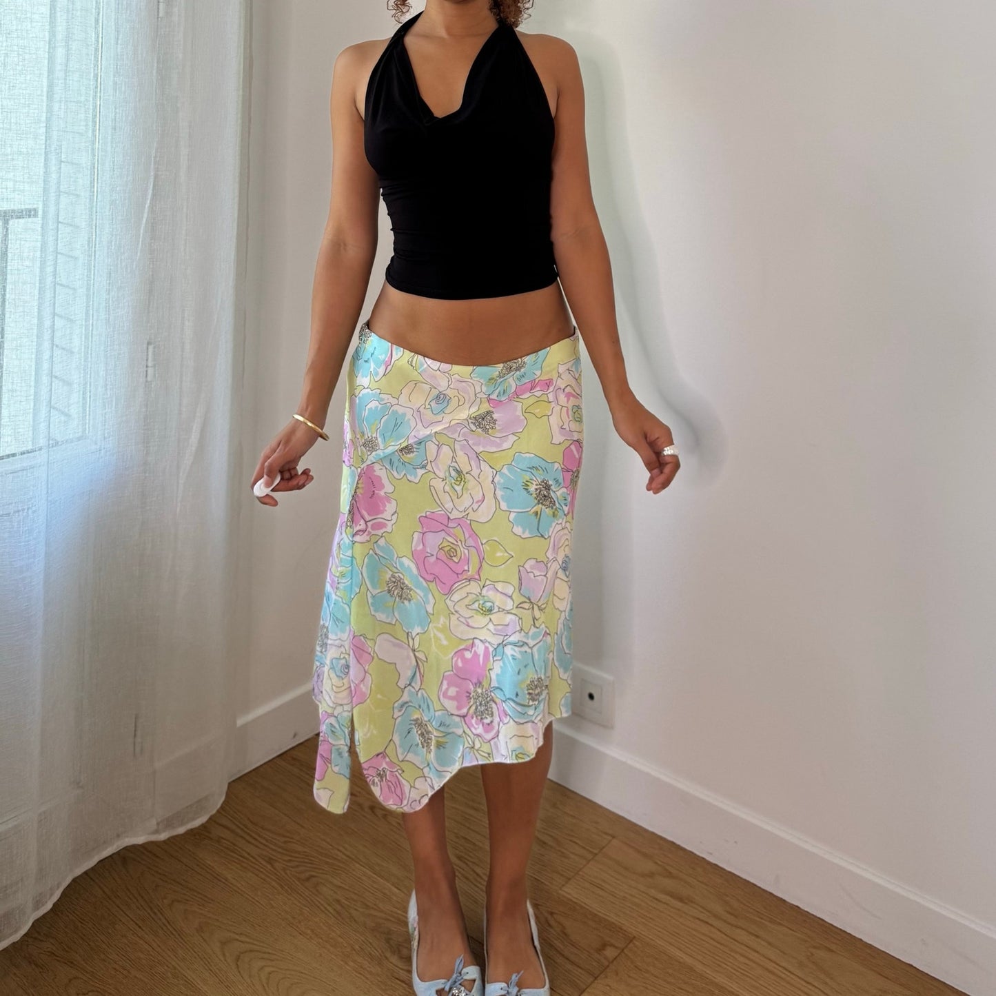 Vintage Pastel Floral Mesh Midi Skirt Italian Y2K (S/M)