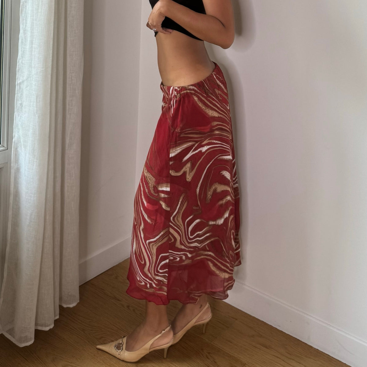 Vintage Red Abstract Print Mesh Midi Skirt (S/M)