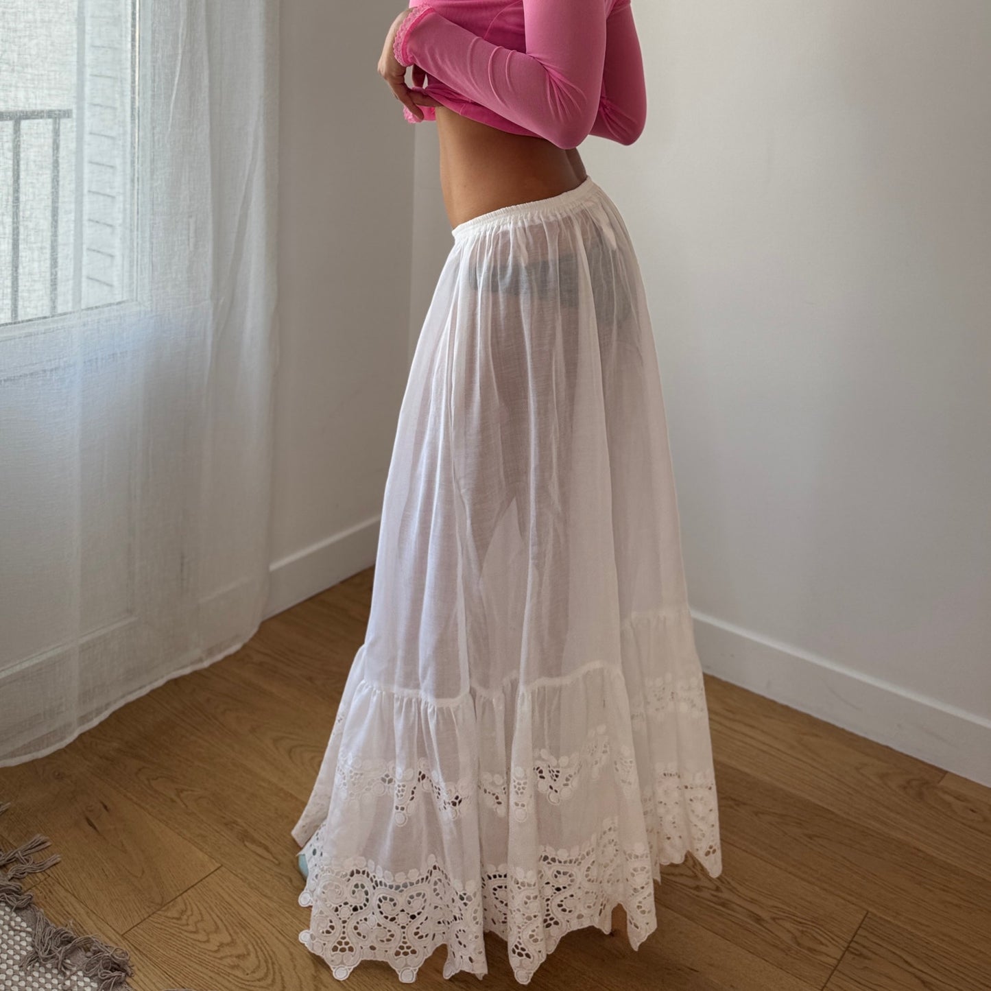 Vintage West Germany White Lace Maxi Skirt Sheer Elastic Waist (XS/S)
