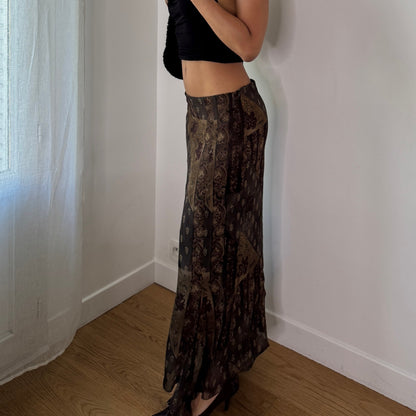 Vintage Brown Gold Mesh Maxi Skirt Baroque Sheer Layered Y2K Skirt (S) ⠀