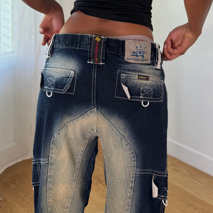 Vintage Blue Wash Wide Leg Cargo Denim Capris Y2K (M)