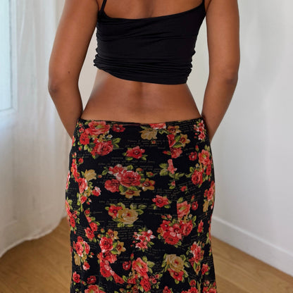 Twin-Set Italian vintage 2000s black floral mesh midi skirt with red roses, drawstring waist & asymmetric ruffle hem