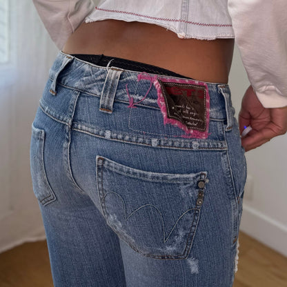 Vintage Italian Embellished Low Rise Flare Jeans Rhinestone Y2K Denim (XS/S)