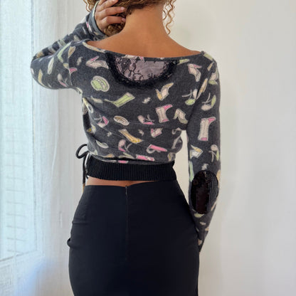 Italian Vintage Charcoal Grey Cocktail Print Wool Wrap Cardigan with Rhinestones & Lace