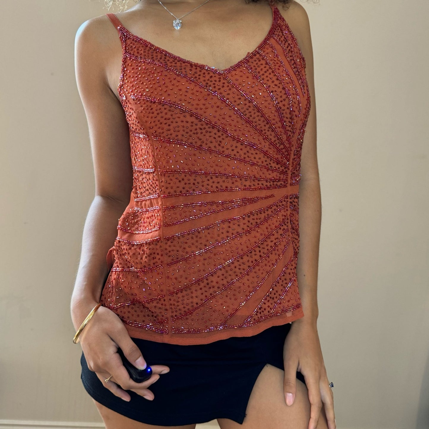 Italian vintage 90s orange beaded mesh tank (S) coquette fairy