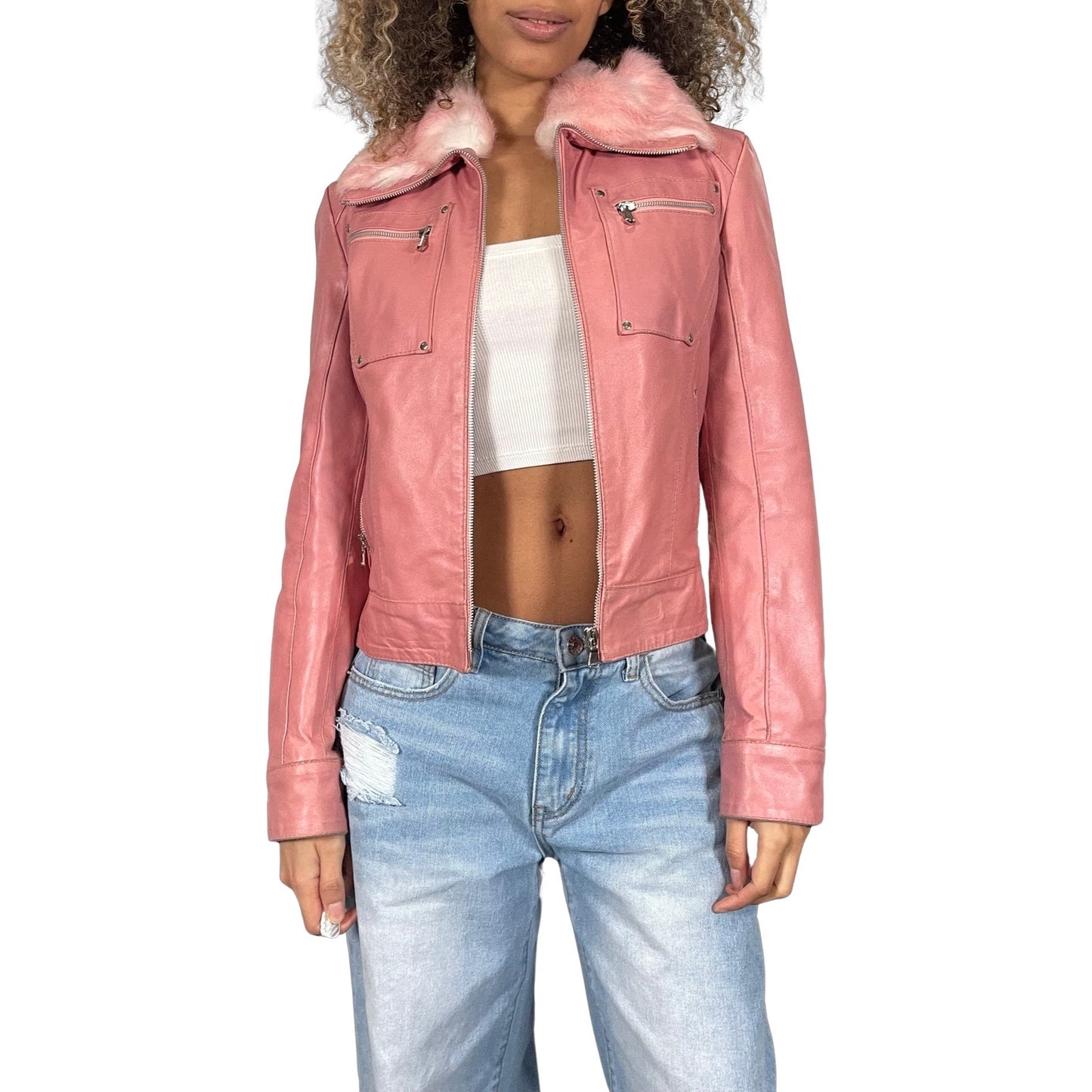 Vintage 90s pink leather jacket faux fur trim (XS/S)