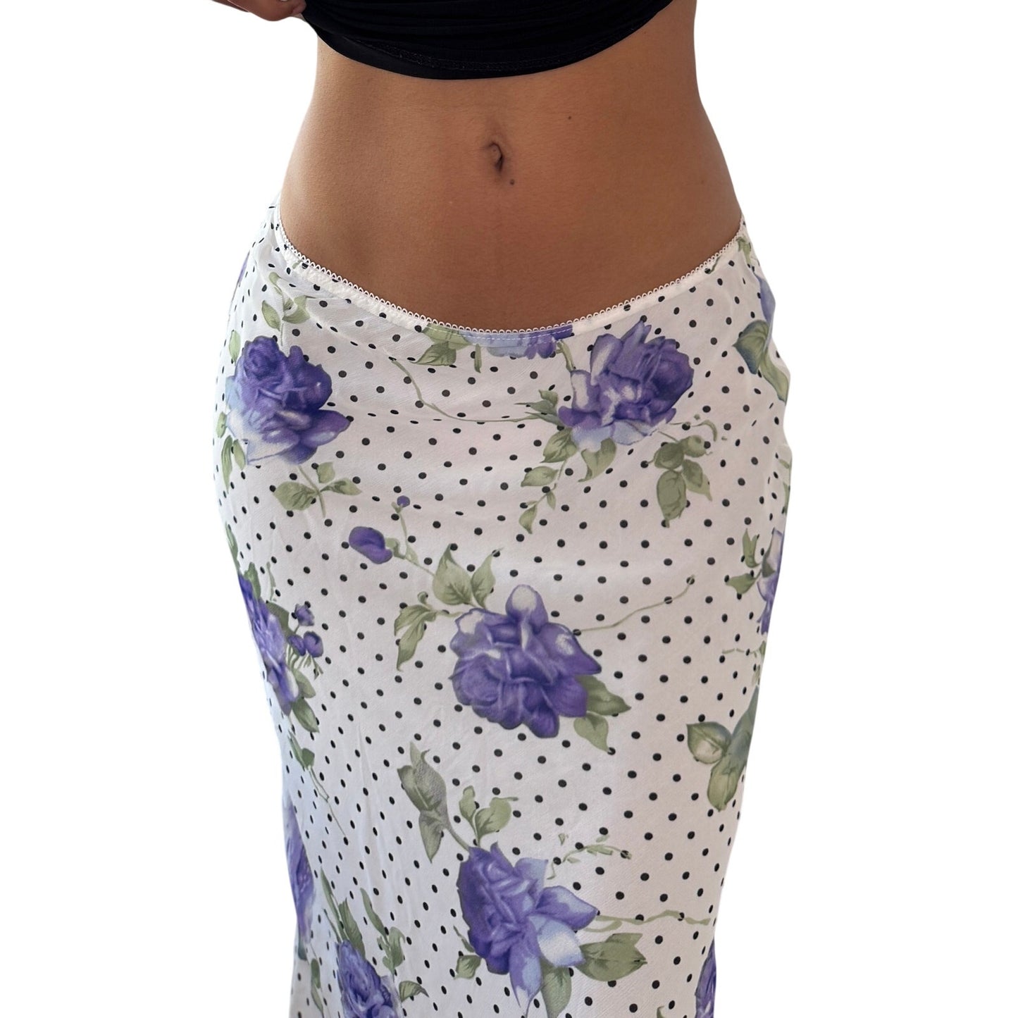 Vintage White Floral Polka Dot Mesh Midi Skirt Purple Rose Y2K French 100% Viscose (S)