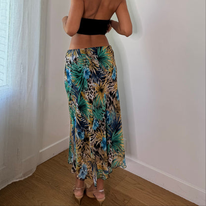 Vintage Green Blue Brown Tropical Animal Print Mesh Midi Skirt Euro Y2K (S)