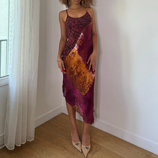 Vintage Burgundy Animal Print Mesh Midi Dress Double Layer Italian Y2K (S)