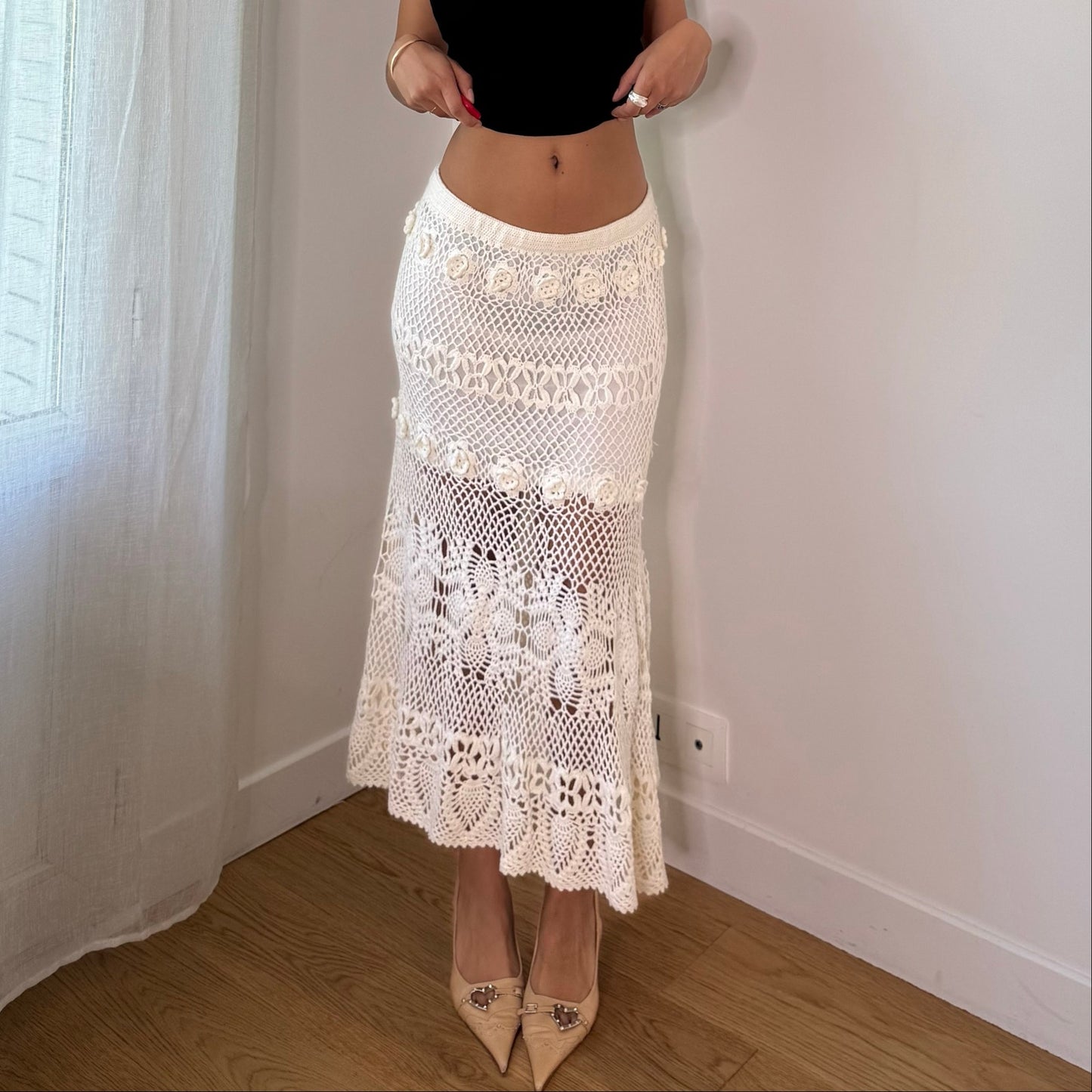 Vintage White Crochet Knit Maxi Skirt Italian Boho Y2K (S)