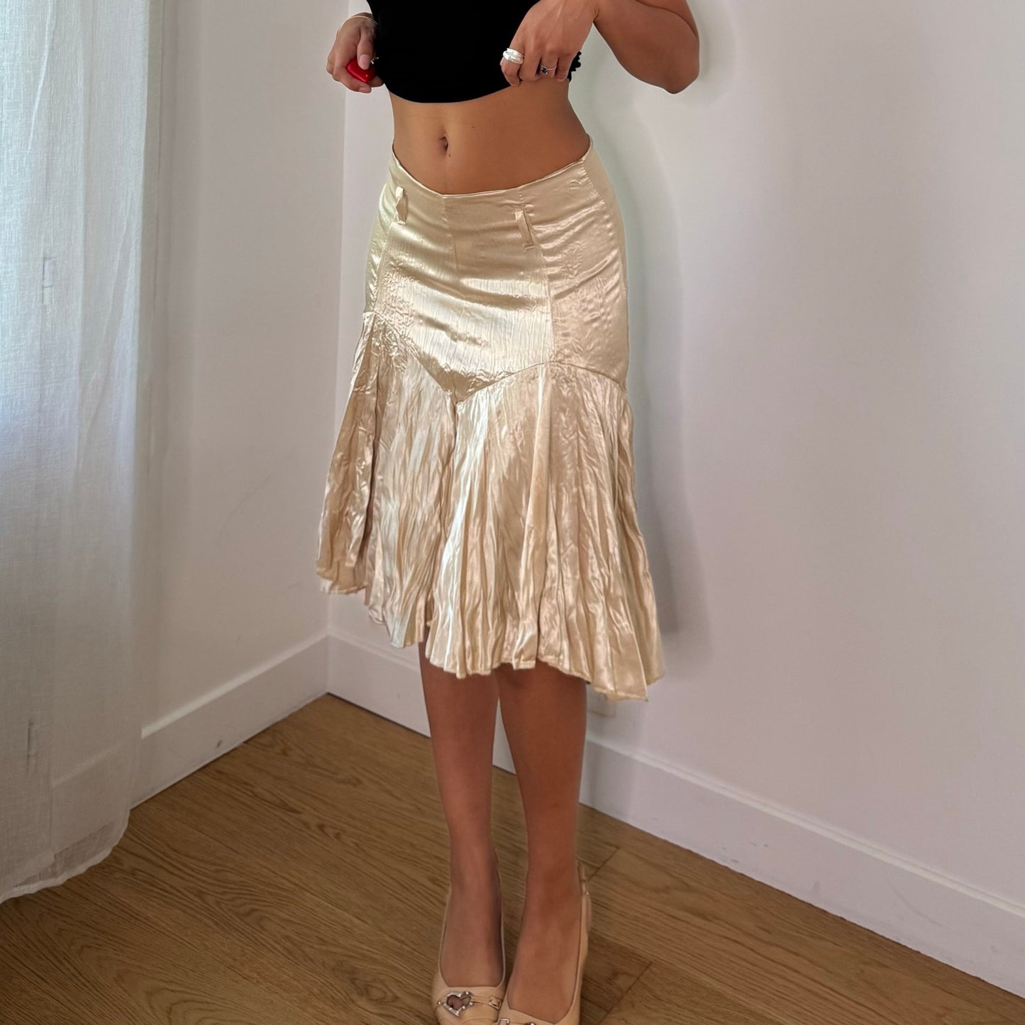 Vintage Champagne Cream Satin Pleated Midi Skirt Italian Y2K (XS/S)