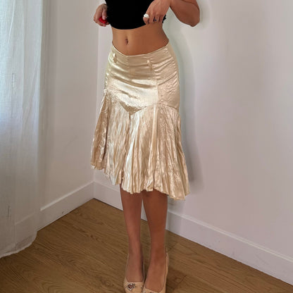 Vintage Champagne Cream Satin Pleated Midi Skirt Italian Y2K (XS/S)