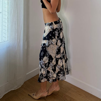 Vintage Italian Black Beige Floral Ruffle Mesh Midi Skirt (S)