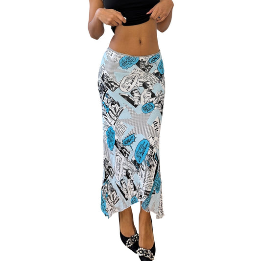 Vintage Euro Comic Print Mesh Midi Skirt Graphic Black White Blue (S)