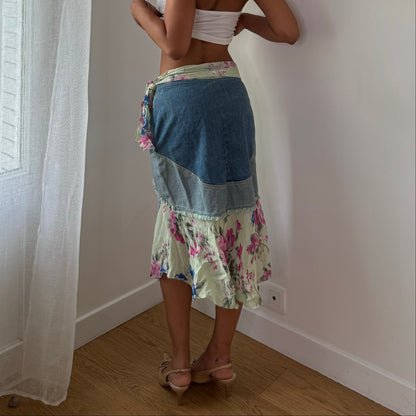 Vintage Blue Denim Floral Patchwork Midi Skirt Italian Y2K (S)