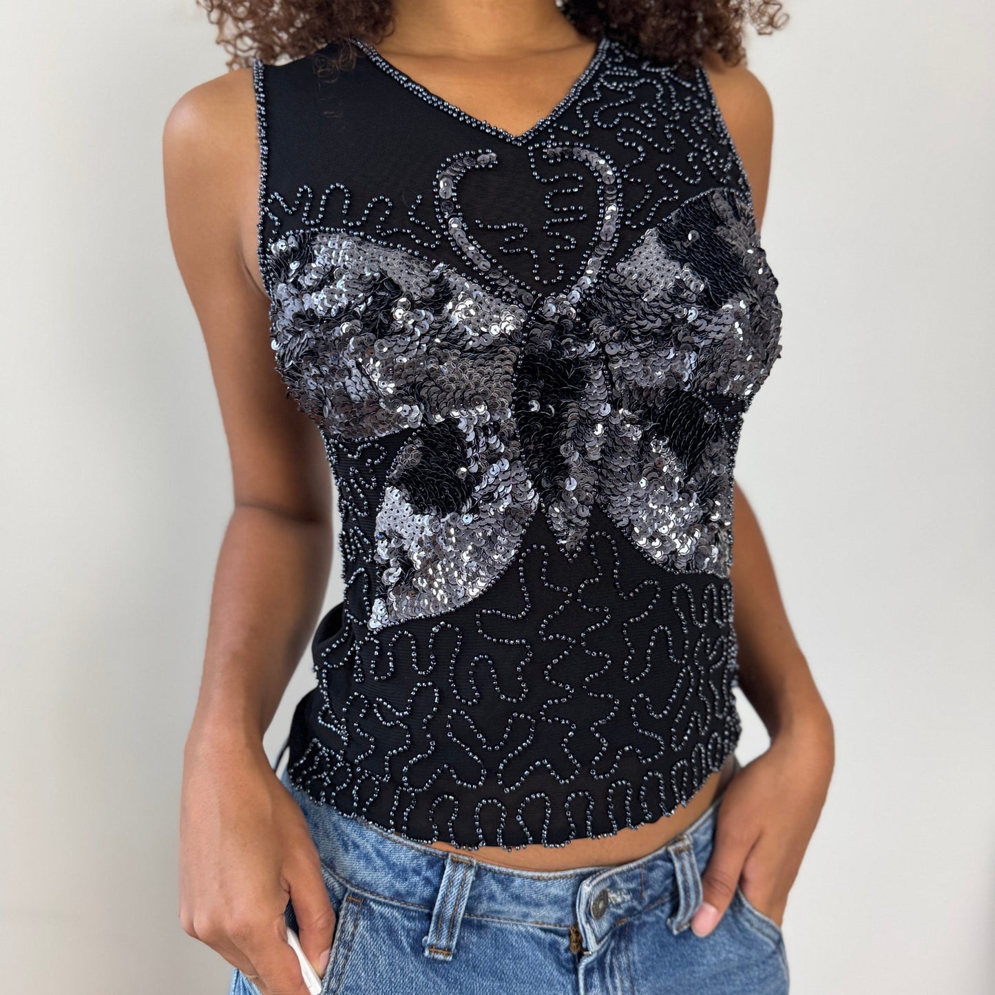 Vintage Euro black mesh sequin butterfly top (Small)
