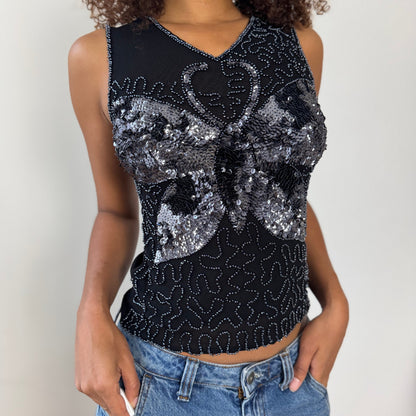 Vintage Euro black mesh sequin butterfly top (Small)