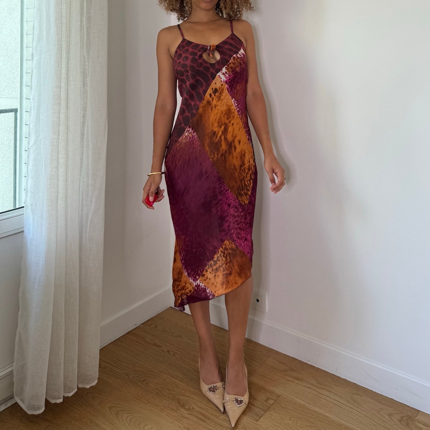 Vintage Burgundy Animal Print Mesh Midi Dress Double Layer Italian Y2K (S)