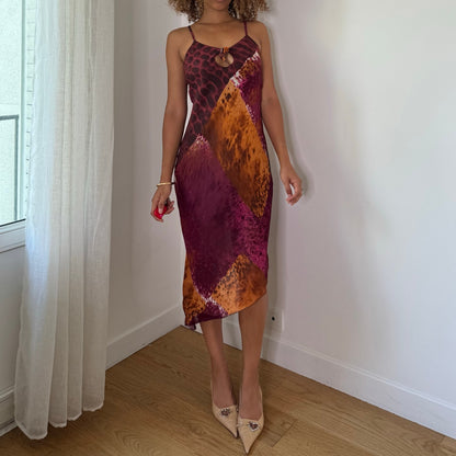 Vintage Burgundy Animal Print Mesh Midi Dress Double Layer Italian Y2K (S)
