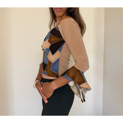 French vintage brown & blue patchwork print top with off shoulder neckline and flared sleeves