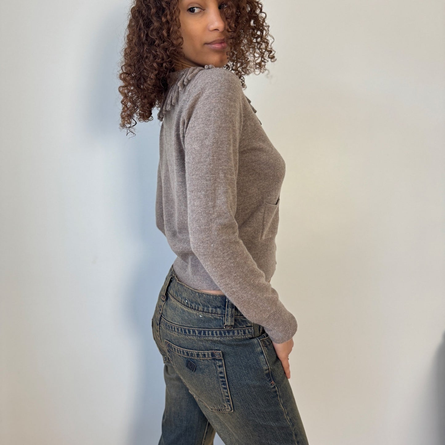 Vintage Marella Taupe Wool Cashmere Cardigan Fringe Collar (S)