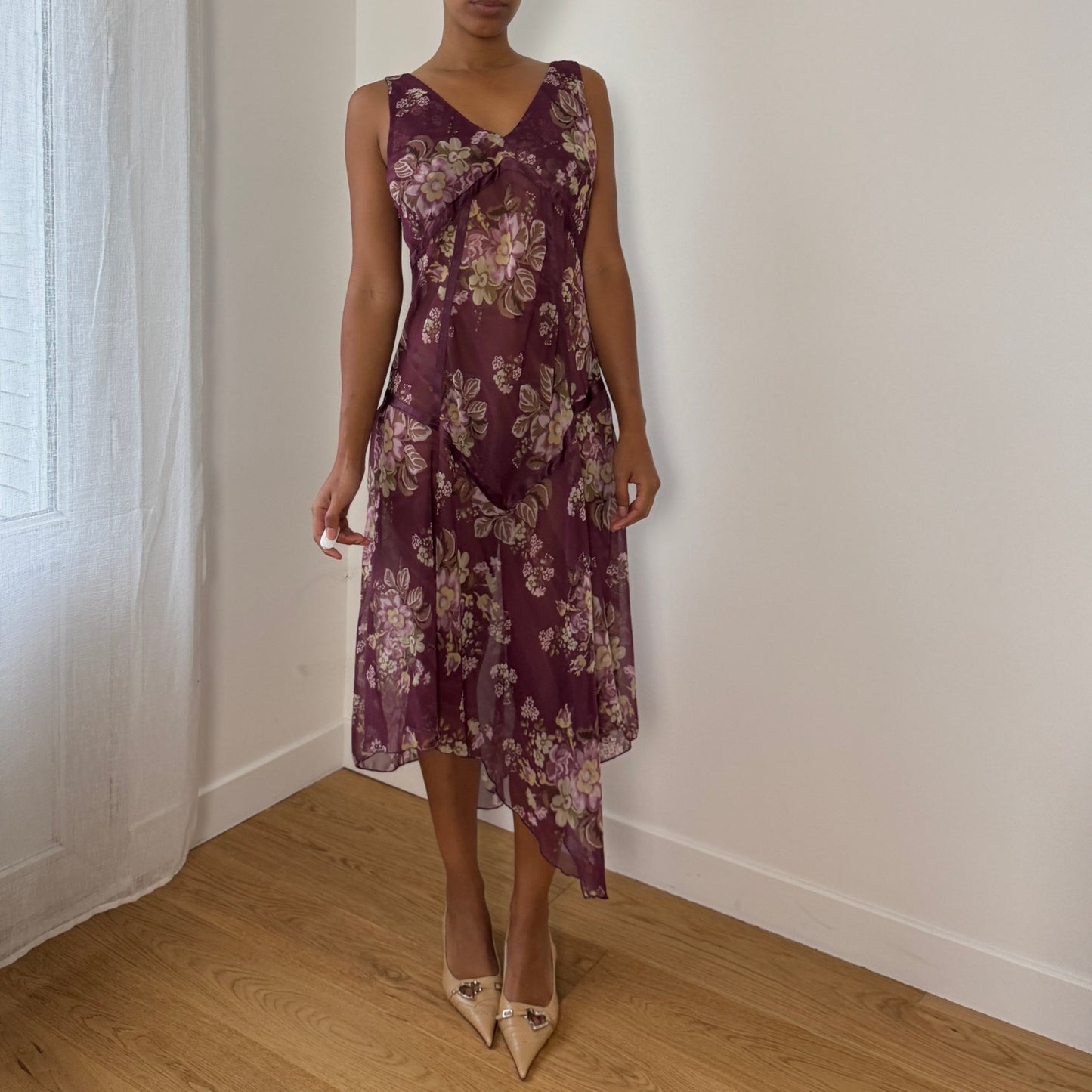 Italian Vintage Semi-Sheer Chiffon Bias-Cut Floral Midi Dress (M/L)