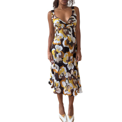 Vintage Italian brown & yellow floral mesh midi dress (S/M)