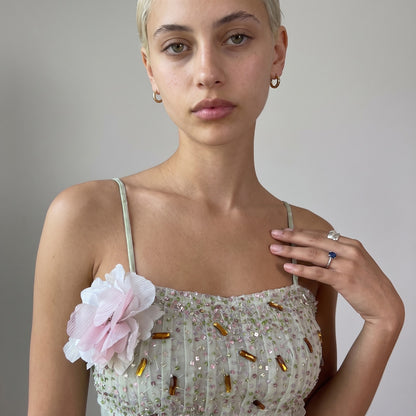 Vintage Mint Green Beaded Mesh Cami Top Floral Appliqué Deadstock Italian Y2K (S)