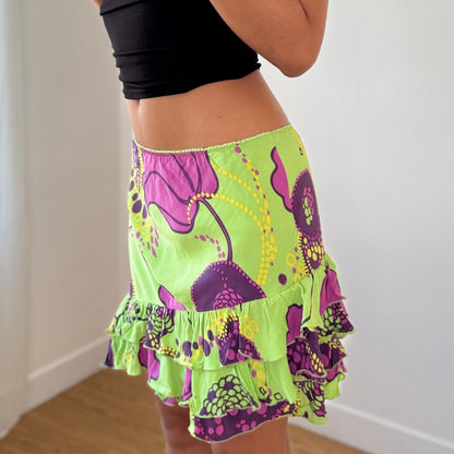 Vintage Italian Green Floral Mesh Mini Skirt Ruffle Hem Y2K (S)