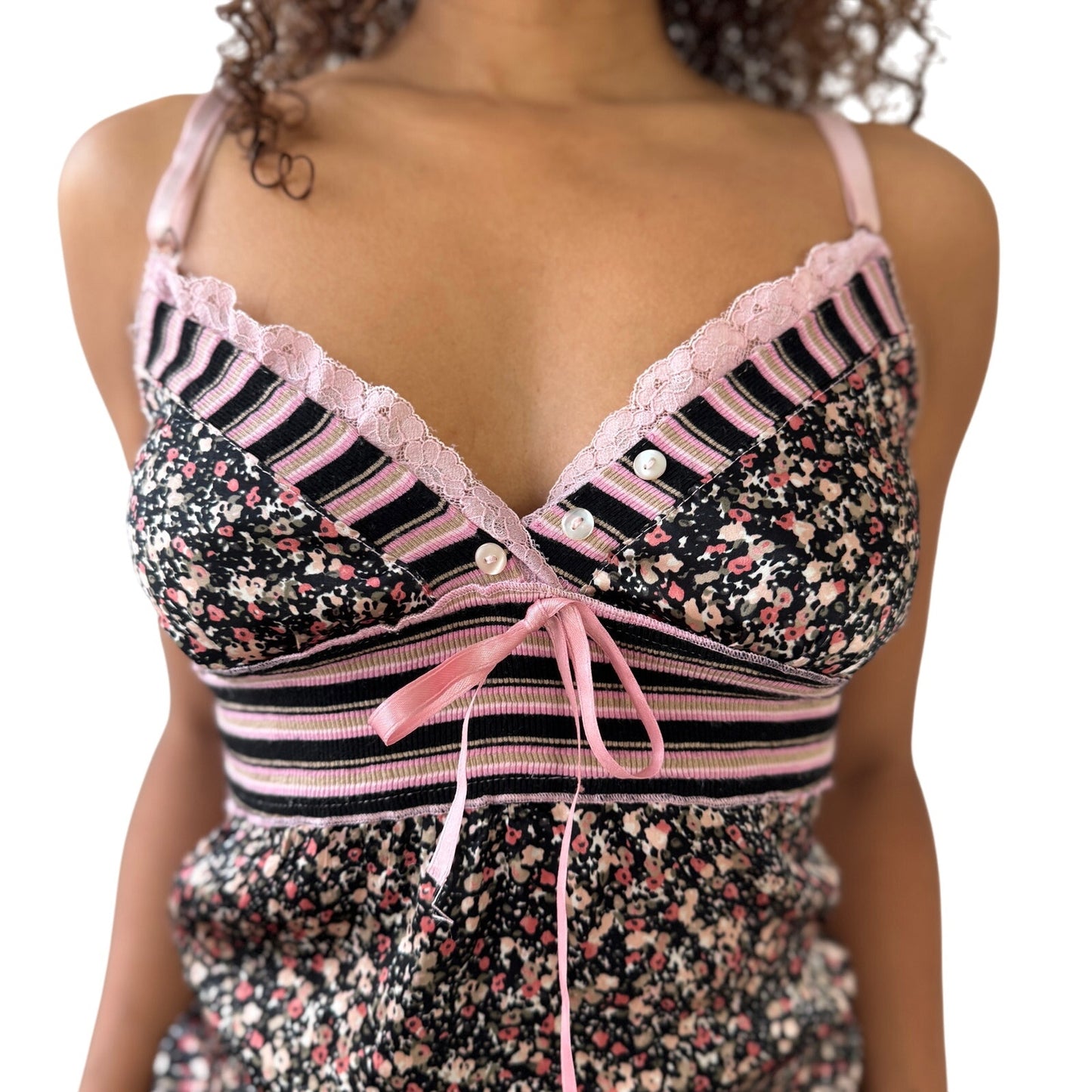 Vintage Euro floral + stripe satin knit camisole top (S/M)