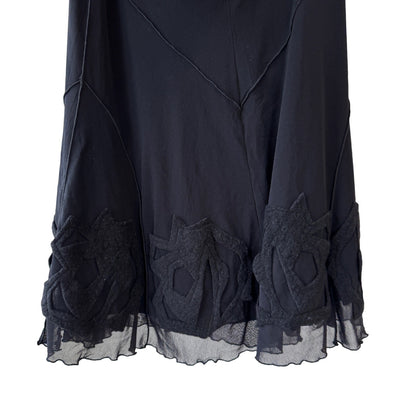 Italian Vintage black wool-appliqué flounce midi skirt (S)