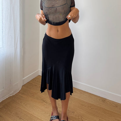 Vintage Euro black asymmetric ruffle-hem stretch midi skirt (Small)