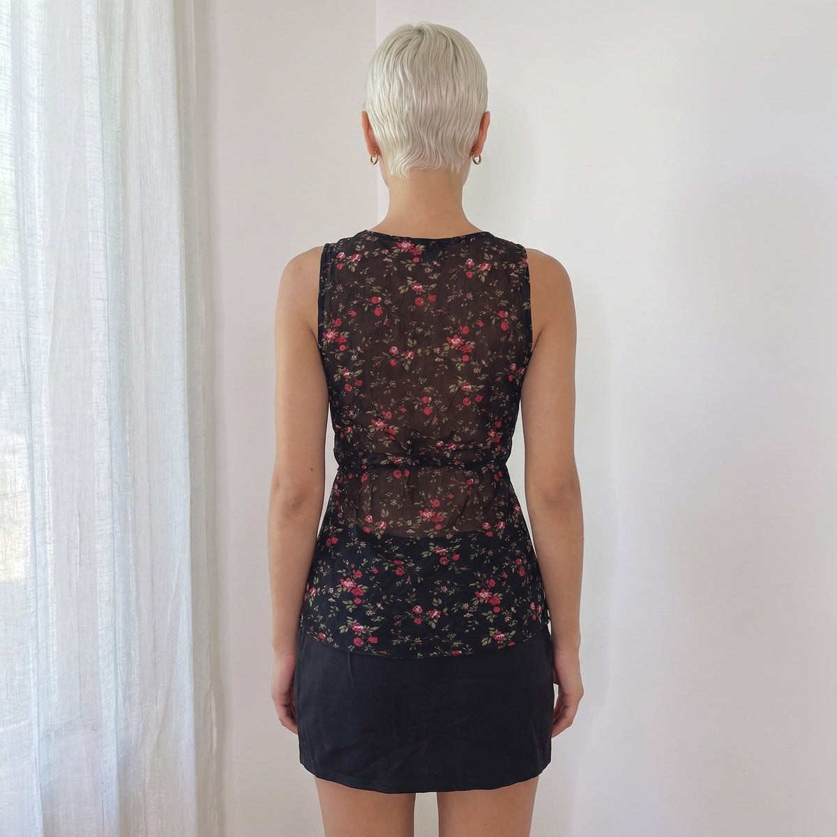 Vintage Black Pink Floral Sheer Mesh Sequin Top (S)