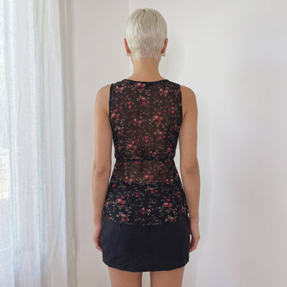 Vintage Black Pink Floral Sheer Mesh Sequin Top (S)