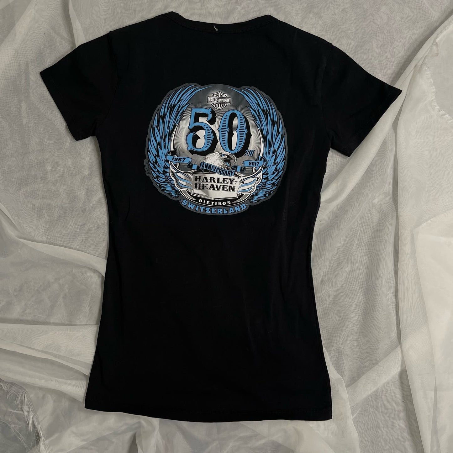 Vintage Harley Davidson T-shirt (S-M) Blue front chest logo angel wing graphic